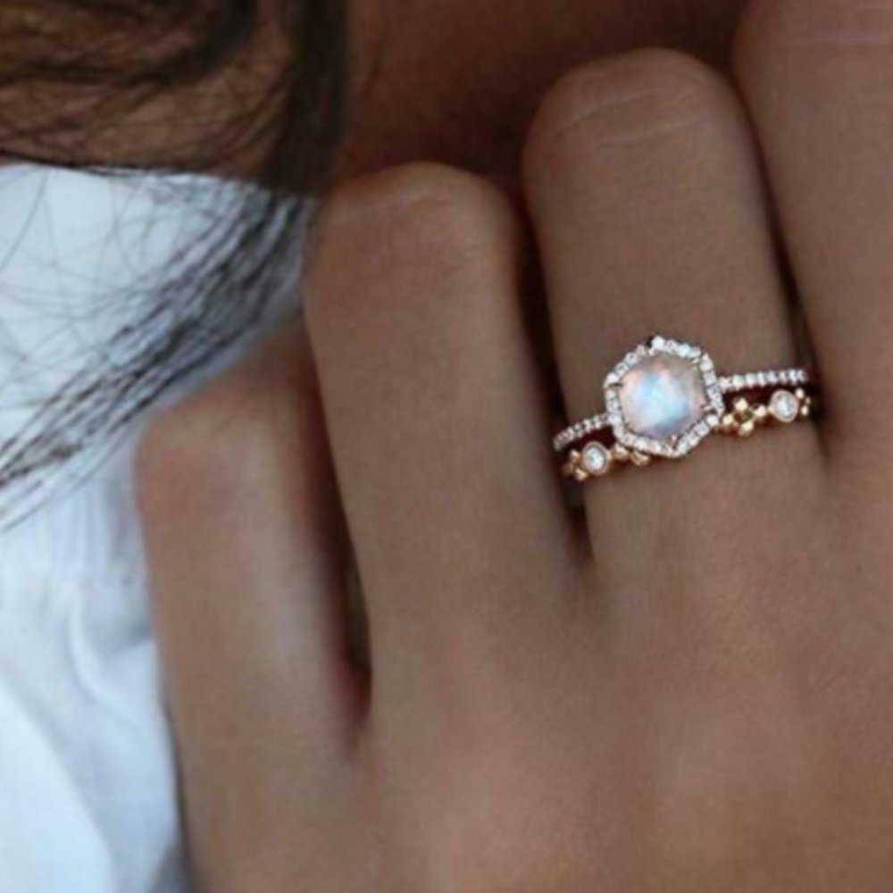 2 for $15 - NEW Stunning 2pcs/set Women Rose Gold Plated Ring Moonstone Size 11